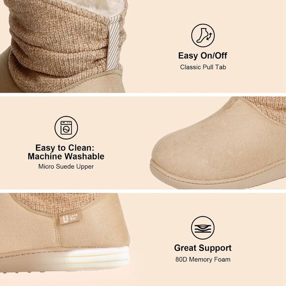 Women's Khaki LongBay Chenille Knit Bootie Slippers Memory Foam Faux Fur Suede - Picture 4 of 6